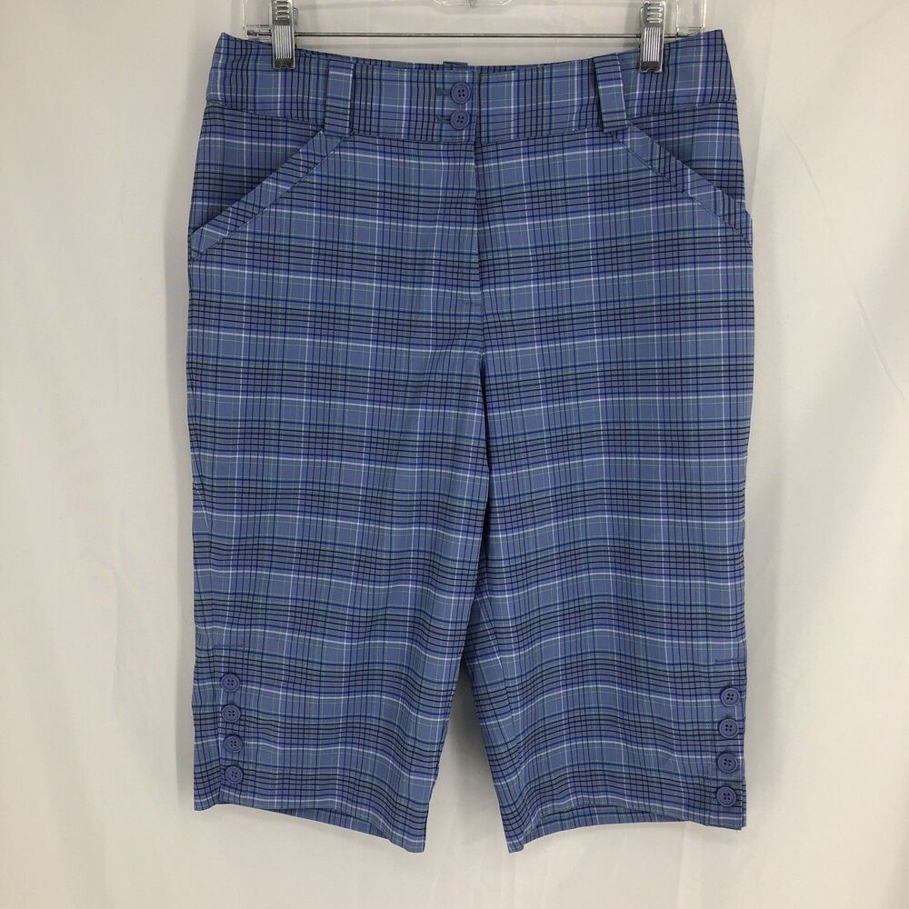 Nike Golf FitDry Blue Plaid Bermuda Button Leg Shorts 8 Medium (31x14)